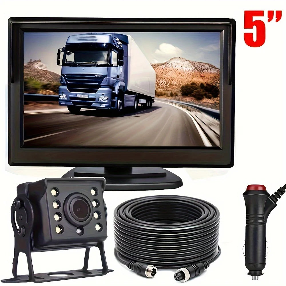 Car Rear View Backup Camera Kit 5 inch Monitor 4Pin for RV Bus Truck 12V/24V with Double Mount Easy Installation