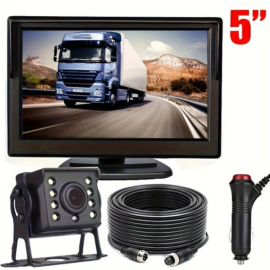 Car Rear View Backup Camera Kit 5 inch Monitor 4Pin for RV Bus Truck 12V/24V with Double Mount Easy Installation