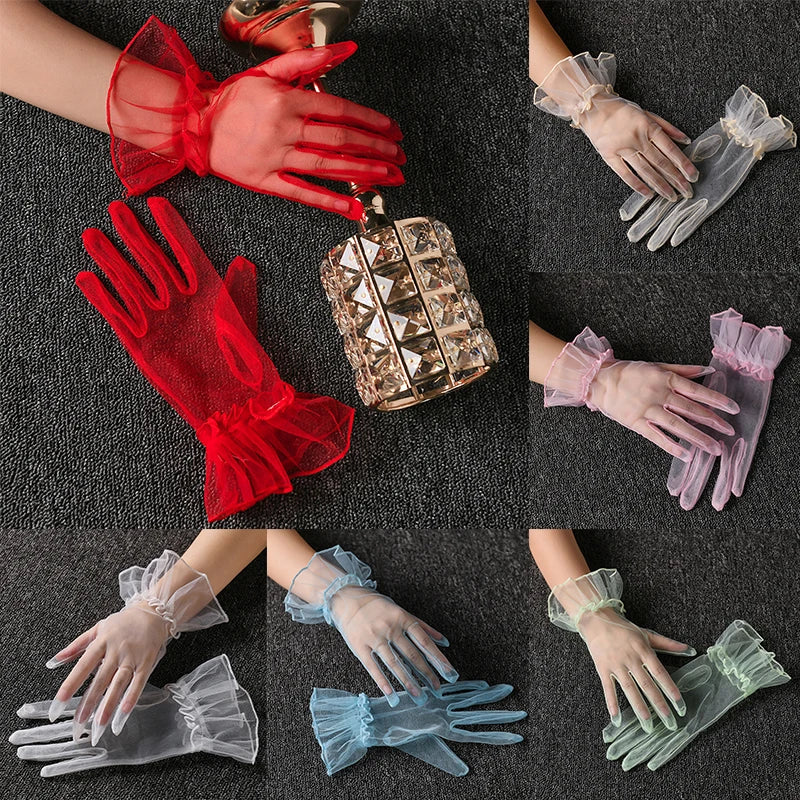 Women Short Tulle Gloves Sexy Lace Mittens Tulle Full Finger Gloves Lady Driving Glove Transparent Mittens Wedding Bridal Gloves