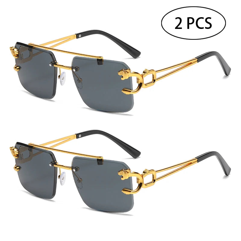 Fashion Rimless Square Double Bridge Sun Glasses Vintage Women Men Sunglasses UV400