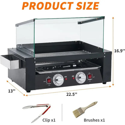 1400W Hot Dog Roller Machine Stainless Hotdog Roller Grill with Glass Guard LED Warm Light for Commercial BBQ (7 Rollers)