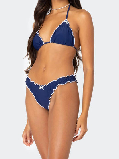 Women s Ruffle Trim Halter Neck Tie-up Bikini Set with High Waisted Bottoms for Beach Pool Party Outfits