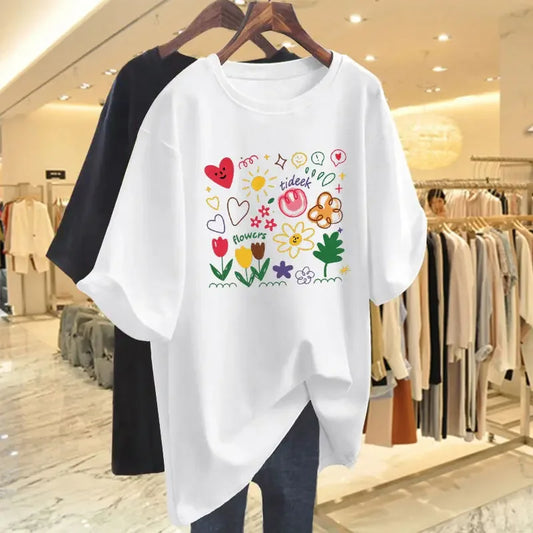 Women Clothing Chic Hand-painted Printing Basic T-shirt Summer Fashion Pure Round Neck Short Sleeve Tees Casual Loose Top Y2K