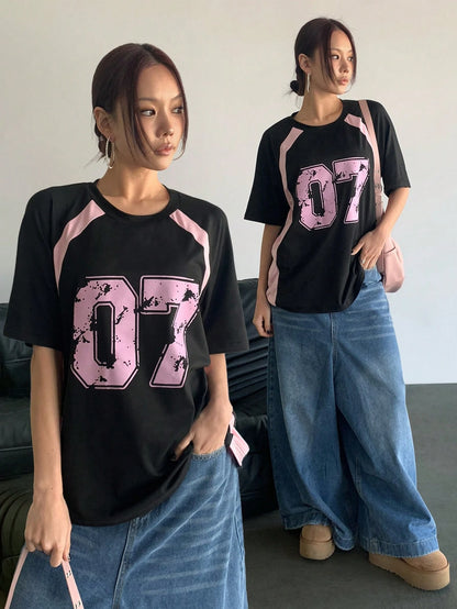 Women's Clothing Fashion Casual Crew Neck Contrast Color Number 07 Print Streetwear T-Shirt Sports Jerseys And Fashionable Tops