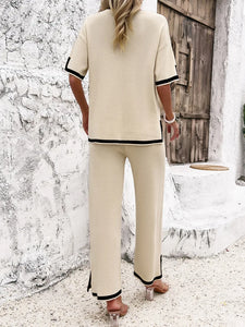 High Quality Elegant Women Clothing 2024 Temperament Casual Solid Color Knitted Shite Sleeved Suit Sweatpants Wide Leg Pants Y2k