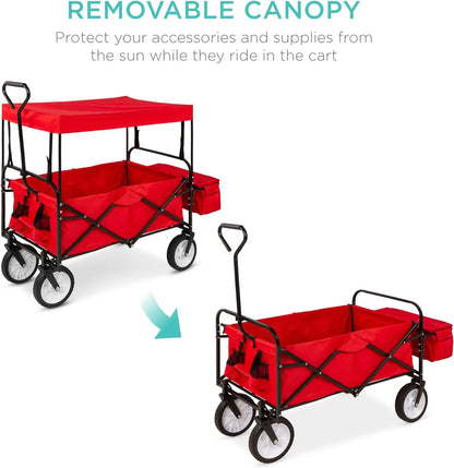 Best Choice Products Collapsible Folding Outdoor Utility Wagon with Canopy Garden Cart for Beach, Picnic, Camping, Tailgates Red