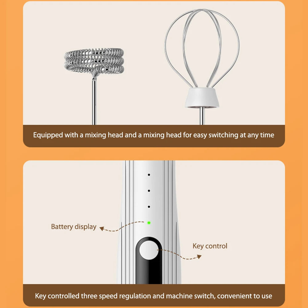 Electric Drink Mixer 3 Speeds Mini Stirrer Whipper Adjustable USB Rechargeable 14000rpm 1500mAh with TYPE-C/Mixing Head Wireless