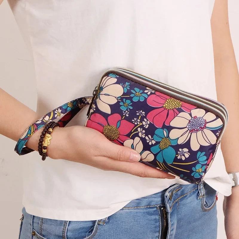 Fashion Women's Clutches Three-layer Zipper Waterproof Nylon Colorful Printed Wristlet Bag Key Coin Purse Wallet Phone Holder