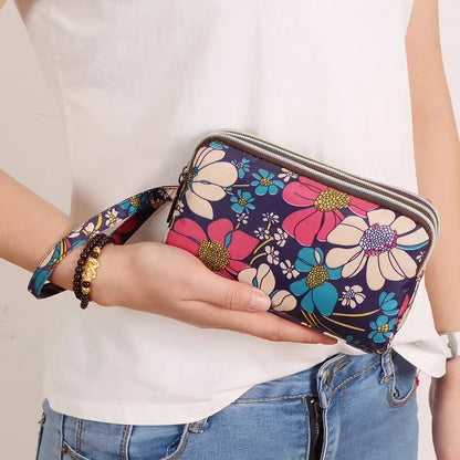 Fashion Women's Clutches Three-layer Zipper Waterproof Nylon Colorful Printed Wristlet Bag Key Coin Purse Wallet Phone Holder