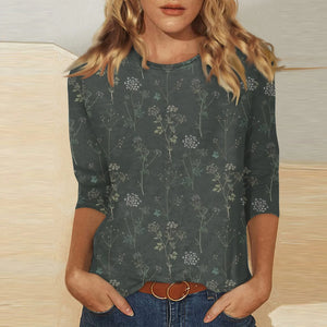 Female Clothing Delicate Fashion Shirts Floral Round Neck 3/4 Sleeves Printed Summer Women Pullover Daily Wear Vetement Femme