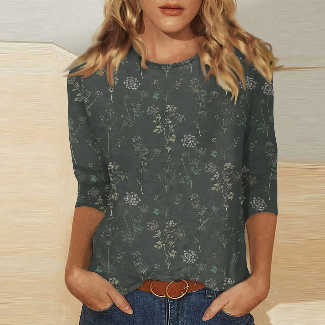Female Clothing Delicate Fashion Shirts Floral Round Neck 3/4 Sleeves Printed Summer Women Pullover Daily Wear Vetement Femme