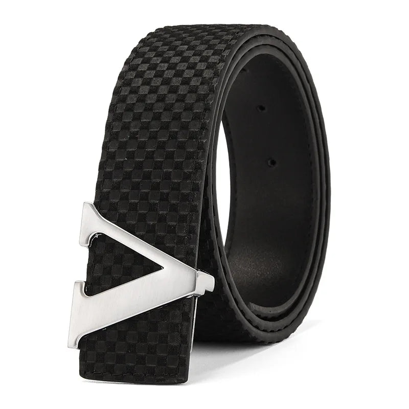 Men's Belt Casual Business V letter Slide Buckle Fashionable Checkered Plaid Leather Male Belt for Men