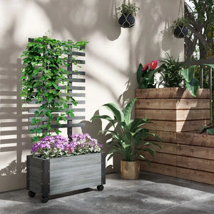 Raised Garden Bed with Trellis 58 Outdoor Wooden Planter Box with Wheels for Vine Plants Flowers Climbing and Planting Gray