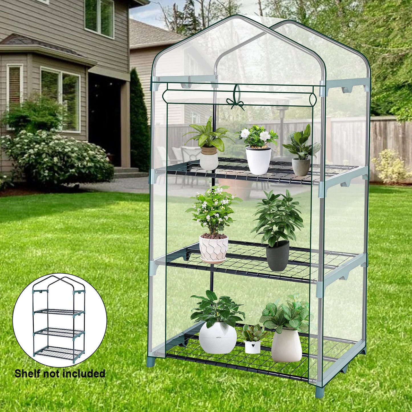 Garden Greenhouse 4 Tier Walk-in Green House Transparent Cover with Doors & Windows Small Waterproof Frost Without Iron Frame