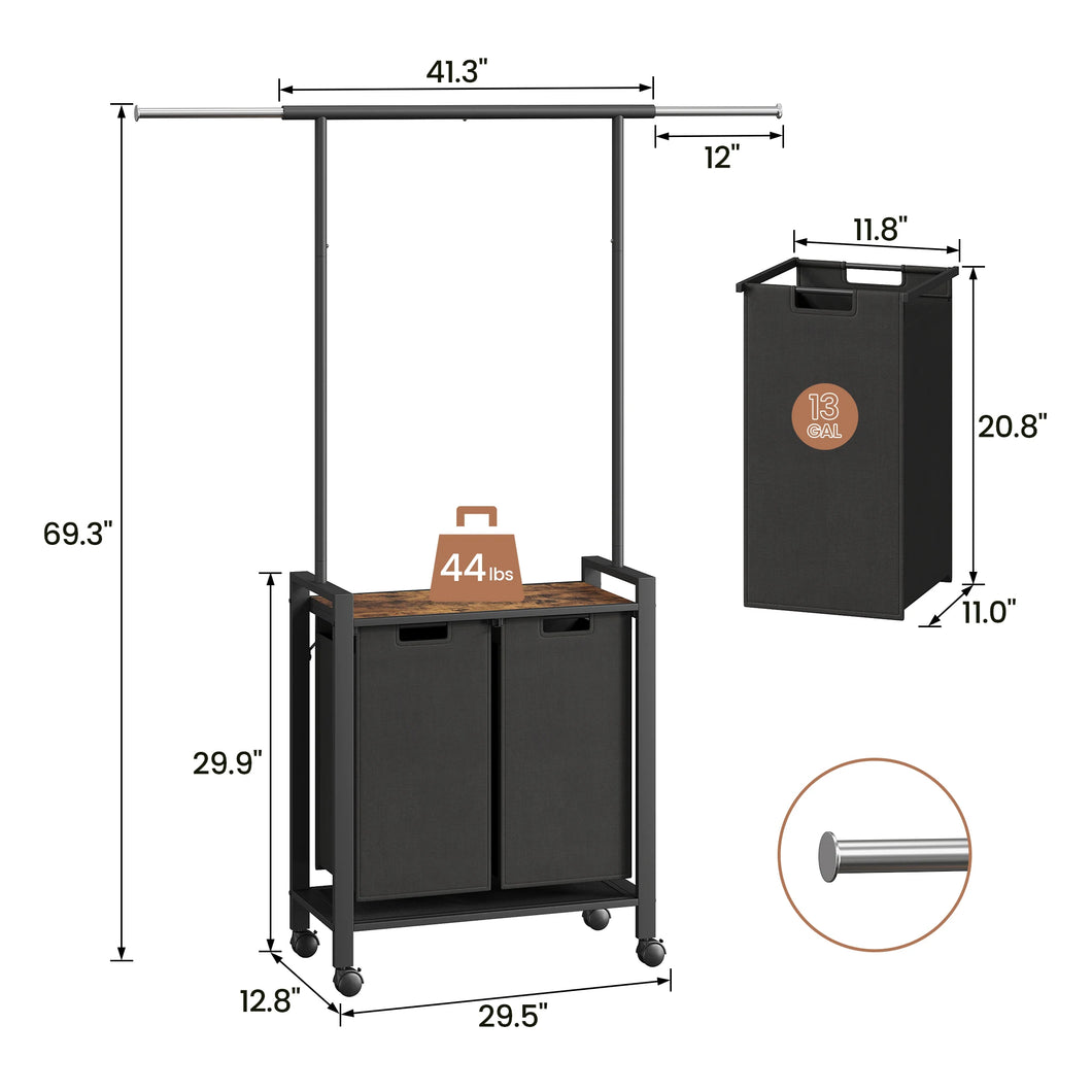 1 Set Ironwood Hanging Laundry Basket Telescopic with Clothes Hanging Rod and Wooden Storage Shelf for Laundry Room Storage