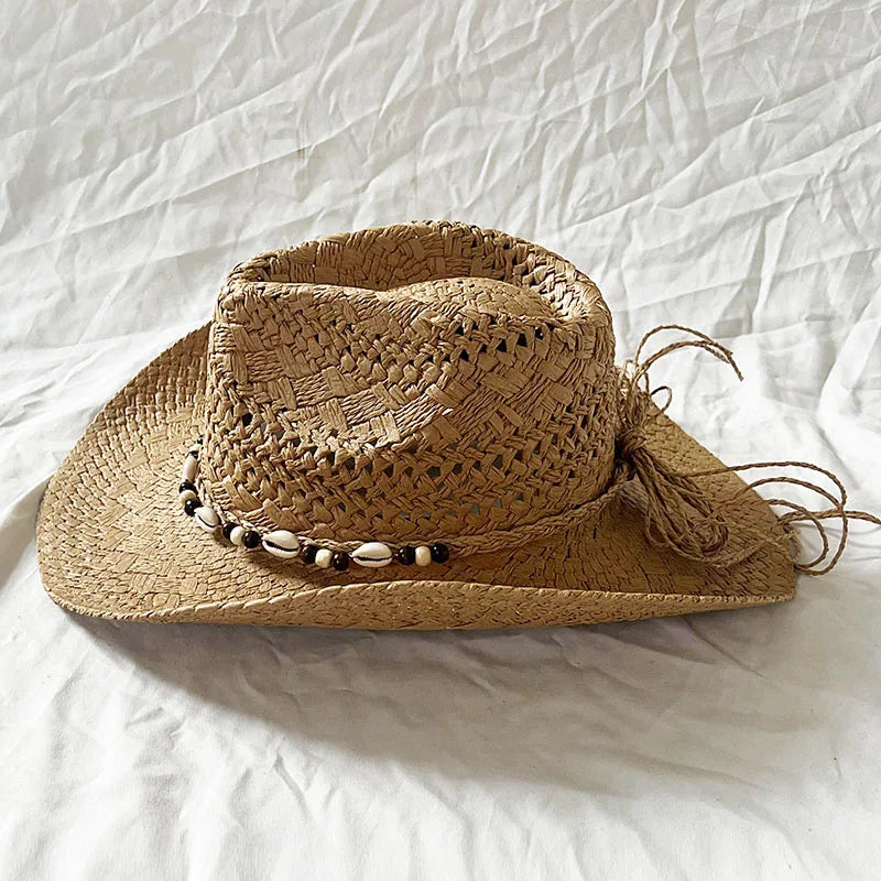 Handmade Women Men Straw Hat Summer Beach Shell Vintage Beads Hollow Out Western Wide Brim Sun Hat Fishing Holiday Bohemian Cap