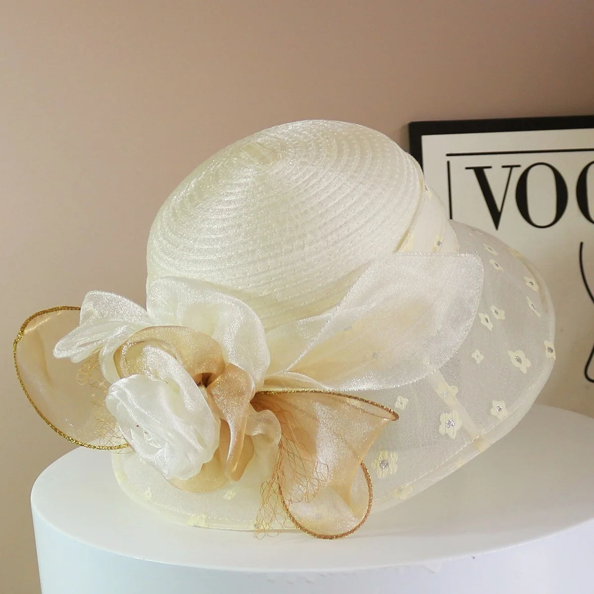 Fashion Hat Women Top Hat Elegant Organza Flower Wide Brim Sun Hat for Women Retro Style Party Banquet Accessory Foldable Beach