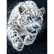 Load image into Gallery viewer, DIY diamond painting kit with snow leopard pattern pouncing on prey, frameless full diamond art, multiple sizes to choose from
