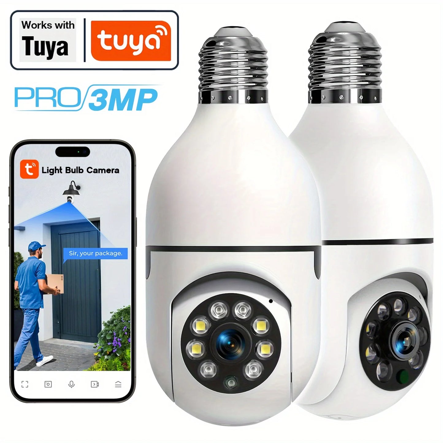 2Pcs/Tuya indoor light bulb camera, home security monitoring system, 3MP HD video, 2.4GWiFi PTZ camera, motion detection alarm