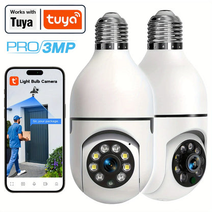 2Pcs/Tuya indoor light bulb camera, home security monitoring system, 3MP HD video, 2.4GWiFi PTZ camera, motion detection alarm