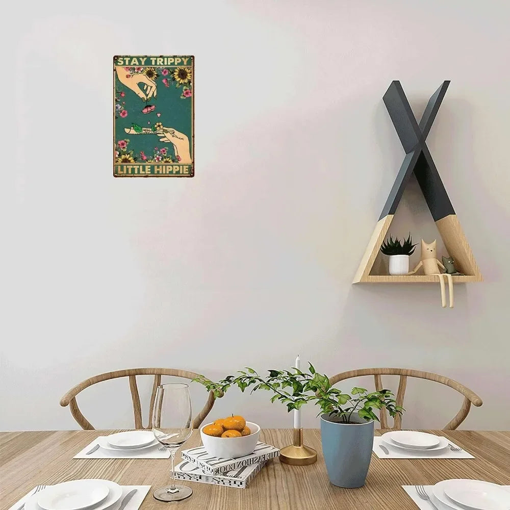 Trippy Little Hippie Tin Sign | Floral Weed Art Poster | Vertical 8x12 Inch Wall Decor | Great Gift for Hippie Lovers