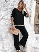 Load image into Gallery viewer, High Quality Elegant Women Clothing 2024 Temperament Casual Solid Color Knitted Shite Sleeved Suit Sweatpants Wide Leg Pants Y2k
