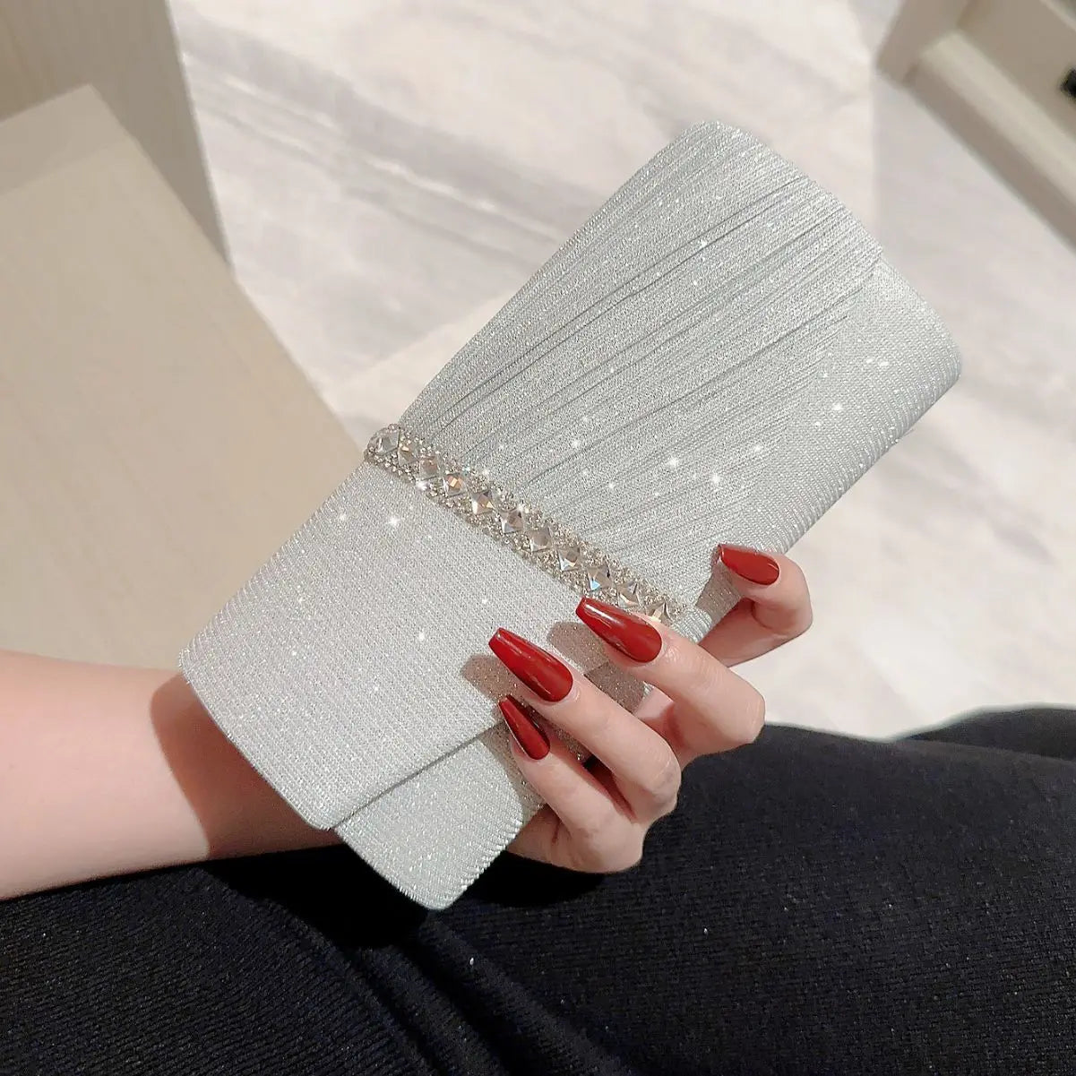 Women Lady Female Silver Evening Dinner Clutch Shiny Elegant Bag Shoulder Bag Handbag Glitter Purse Party Wedding Handheld Bag