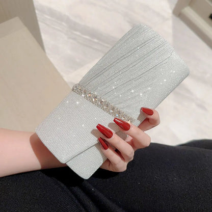 Women Lady Female Silver Evening Dinner Clutch Shiny Elegant Bag Shoulder Bag Handbag Glitter Purse Party Wedding Handheld Bag