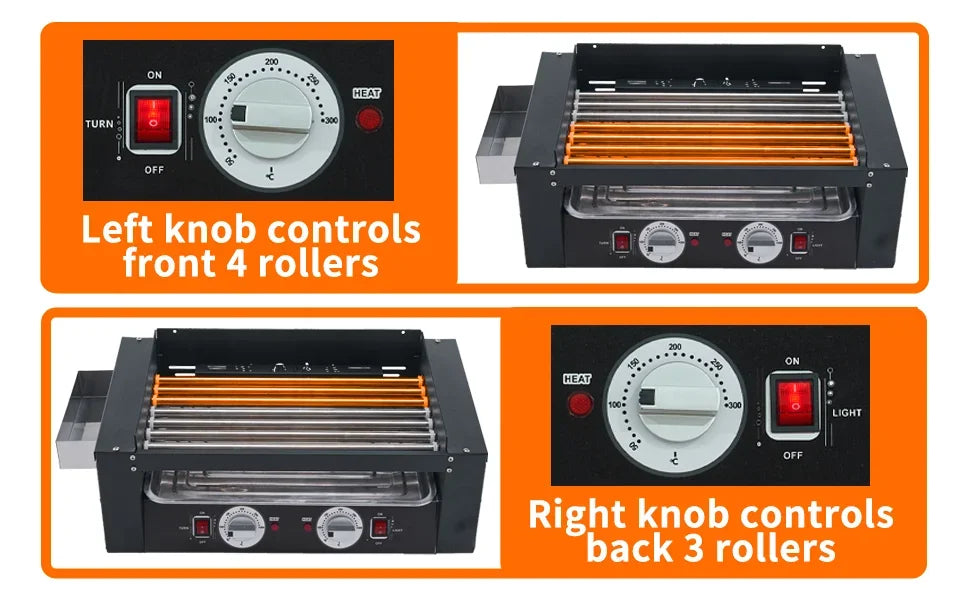 1400W Hot Dog Roller Machine Stainless Hotdog Roller Grill with Glass Guard LED Warm Light for Commercial BBQ (7 Rollers)
