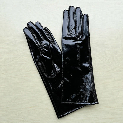 Long Gloves For Women Spring Winter Male Patent Leather Fashion Catwalk Motorcycle Riding Luvas Brilliant Warm Arm Warmer Gants