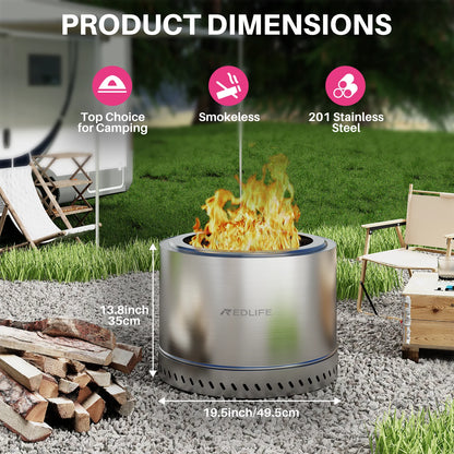 19.5'' Smokeless Fire Pit, Outdoor Stainless Steel Firepit with Carry Bag, Wood Burning Portable Fireplaces for Camping Bonfire