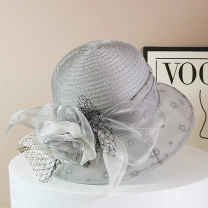 Fashion Hat Women Top Hat Elegant Organza Flower Wide Brim Sun Hat for Women Retro Style Party Banquet Accessory Foldable Beach