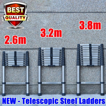 Ladders Extendable Telescopic 2.6M-5M Heavy Duty Multi Purpose Straight Loft Ladder Portable Folding Stainless Steel Ladder Tool