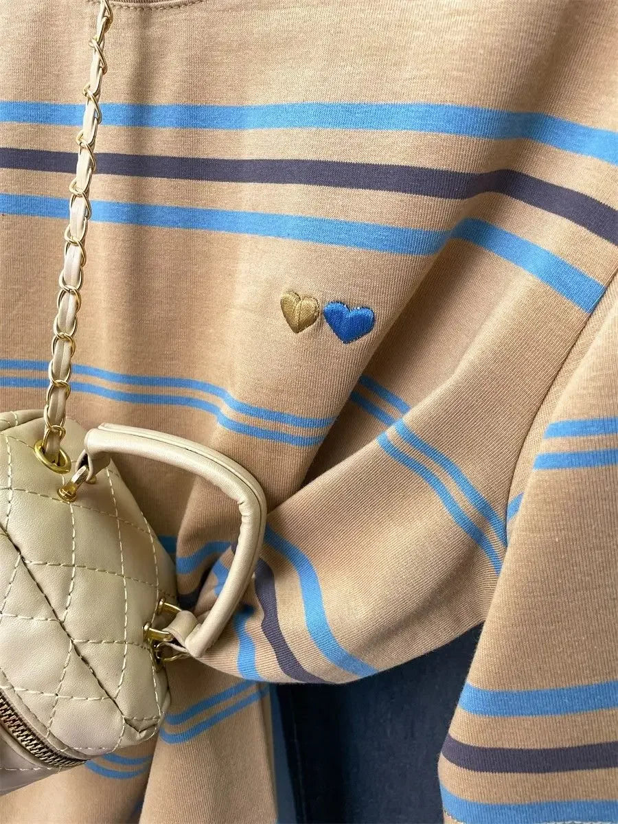 Women's Clothing American Beautiful Contrast Stripe Short Sleeve T-Shirt Summer Loose Casual Versatile Fashion Top