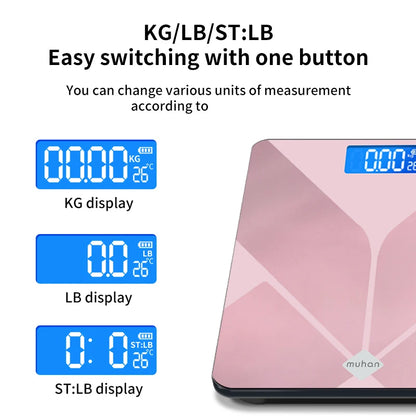 Pink Digital Bathroom Scale for Body Weight, Smart Scale with LCD display, temperature display High Strength Tempered Glass