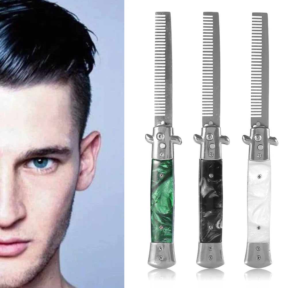 Knife Comb Pocket Comb Spring Comb 3Colors Stainless Steel Switchblade Spring Pocket Oil Hair Comb Foldable Hairstyling Brush