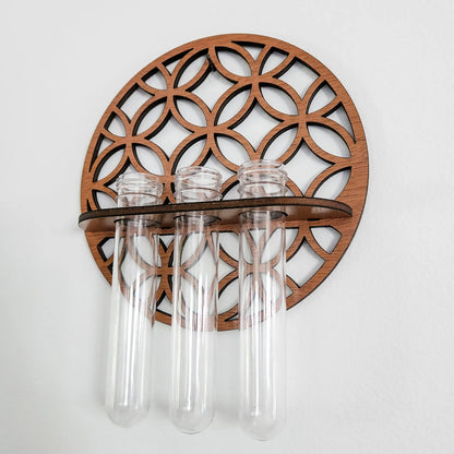 Garden Wall Planters Indoor Wooden Circle Plant Hanger Wall Hanging Flower Vase Rack with 3 Test Tubes Plant Propagation Station