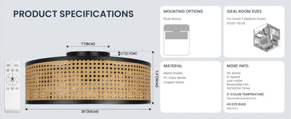 20" Flush Mount Ceiling Fan with Light & Remote Control, Drum Shade, Bladeless/Quiet Motor/Low Profile, for Kitchen Bedroom