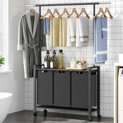 1 Set Ironwood Hanging Laundry Basket Telescopic with Clothes Hanging Rod and Wooden Storage Shelf for Laundry Room Storage