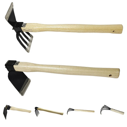 Garden Hand Rake Tool with Wooden Handle Dual-purpose Hoe Garden Hand Hoe & Tiller for Digging Weeding Gardening and Cultivating