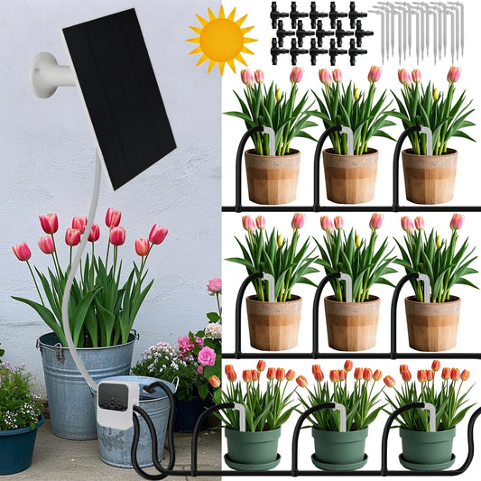 Garden Solar Powered Timer Drip Irrigation Kit DIY Automatic Watering System Drippers Nozzles for Balcony Potted Plants Flowers