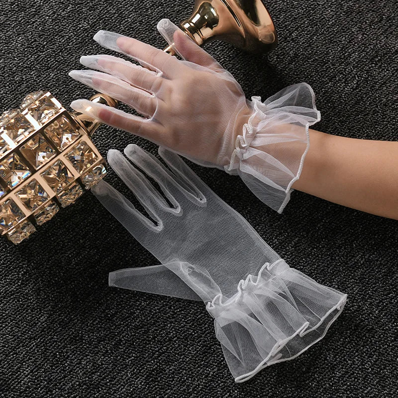 Women Short Tulle Gloves Sexy Lace Mittens Tulle Full Finger Gloves Lady Driving Glove Transparent Mittens Wedding Bridal Gloves