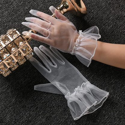Women Short Tulle Gloves Sexy Lace Mittens Tulle Full Finger Gloves Lady Driving Glove Transparent Mittens Wedding Bridal Gloves