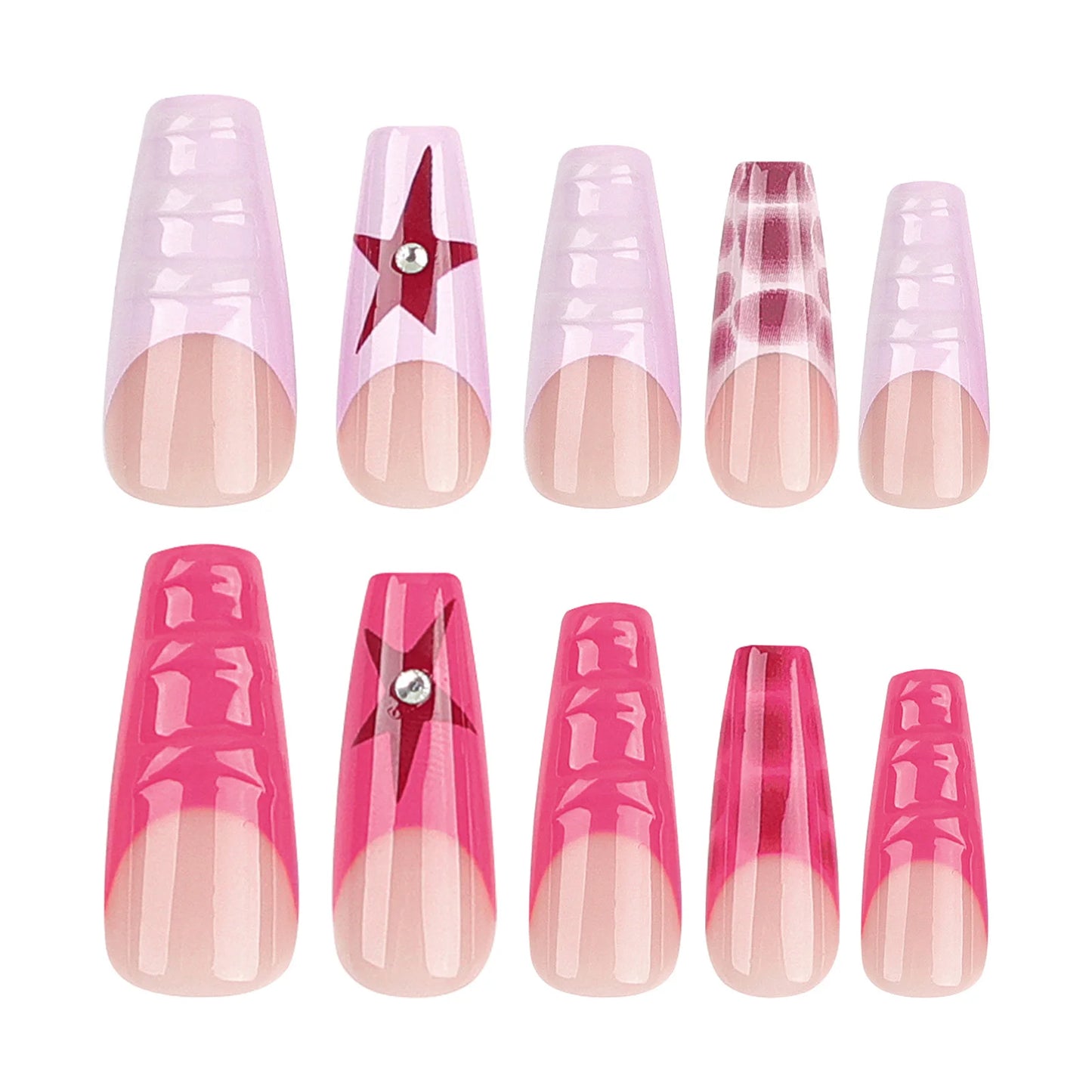 24pcs Glossy French False Nail Coffin Star Design Pink Purple Nude Artificial Nail for Hand Decoration Nail Art