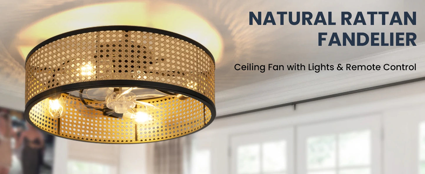 20" Flush Mount Ceiling Fan with Light & Remote Control, Drum Shade, Bladeless/Quiet Motor/Low Profile, for Kitchen Bedroom