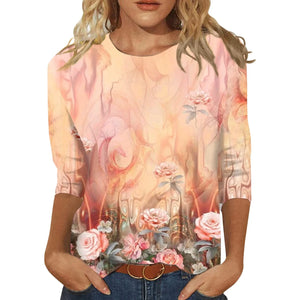 Women's Clothing T-shirt Fashion Casual Round Neck 3/4 Sleeve Loose Printed T-shirt Ladies Top Louse Beautiful Girls T-shirt