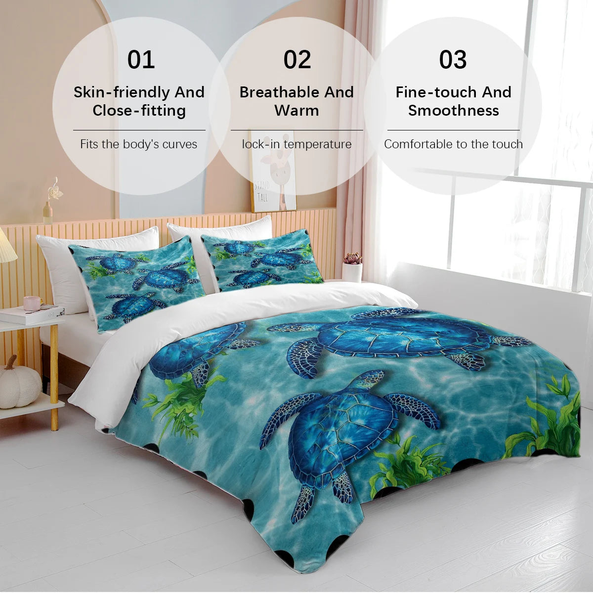 3pc Three Blue Sea Turtles Design Bedding Set Ocean Theme Quilt Cover with Zipper Closure 1 Duvet Cover and 2 Pillow Cases