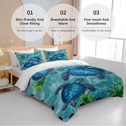 3pc Three Blue Sea Turtles Design Bedding Set Ocean Theme Quilt Cover with Zipper Closure 1 Duvet Cover and 2 Pillow Cases
