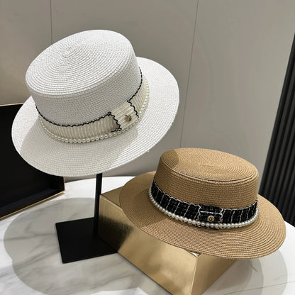 Women's hat female Hepburn style straw hat spring and summer new flat top hat French retro sun hat net red same style straw hat