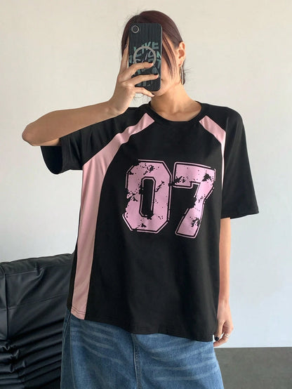 Women's Clothing Fashion Casual Crew Neck Contrast Color Number 07 Print Streetwear T-Shirt Sports Jerseys And Fashionable Tops